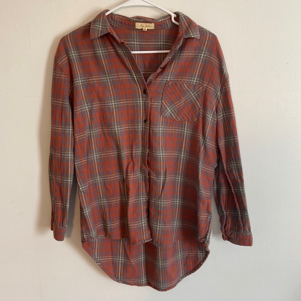 burnt orange green white and blue flannel button down